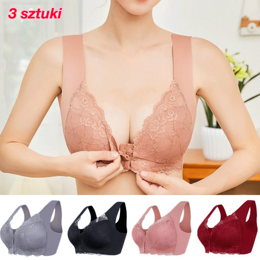 ✨【🔥Oferta ograniczona czasowo🔥】【3-częściowy zestaw】 Seksowny biustonosz damski w dużych rozmiarach bez stalowej ramki z zapięciem z przodu, model podkreślający linię pleców