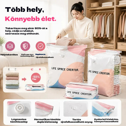 🧳【5 darabos készlet】💨 Nagy, összenyomható vákuumos tárolózsák: nincs szükség pumpára, szivárgásmentes, és ideális helytakarékosságra bőröndökben és otthon ✈️
