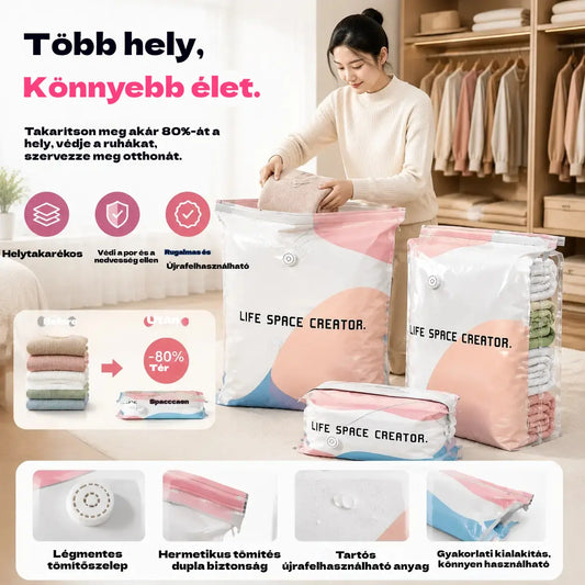 🧳【5 darabos készlet】💨 Nagy, összenyomható vákuumos tárolózsák: nincs szükség pumpára, szivárgásmentes, és ideális helytakarékosságra bőröndökben és otthon ✈️