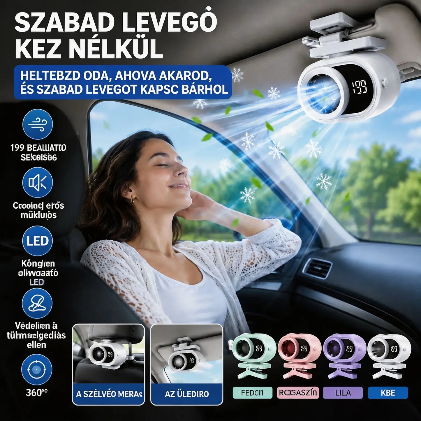 🌀 Kézhasználat nélküli ventilátor LED kijelzővel, beépített csipesszel és 199 állítható szinttel