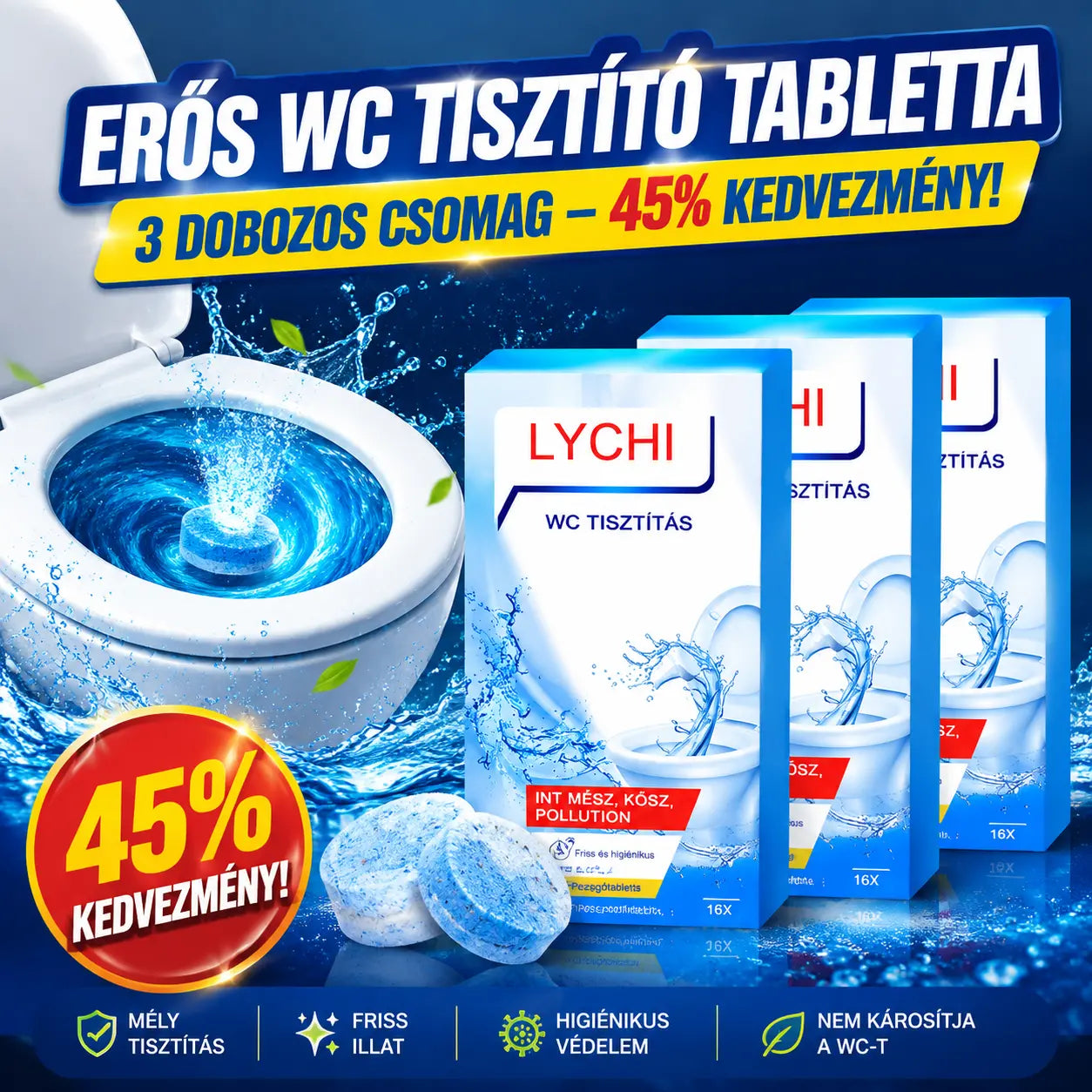 🌟【3 doboz】【50% OFF】Erős WC-tisztító pezsgőtabletták