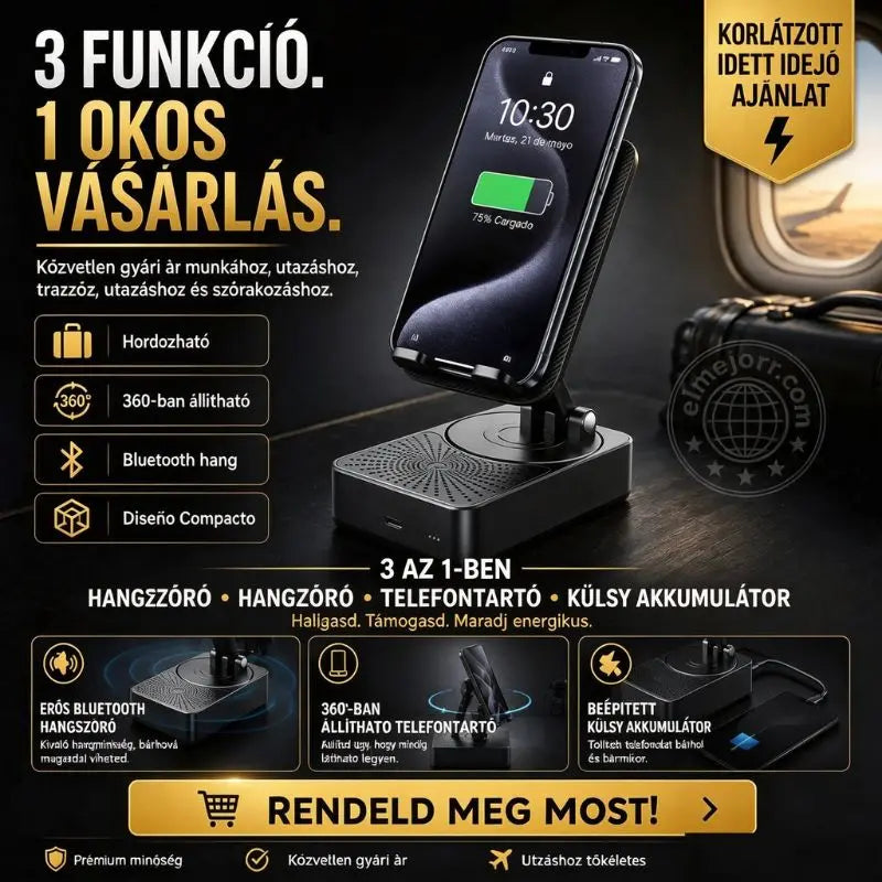 🔥 3 az 1-ben: Bluetooth hangszóró + töltő + 360°-os mobiltelefon-állvány 📱🔊⚡