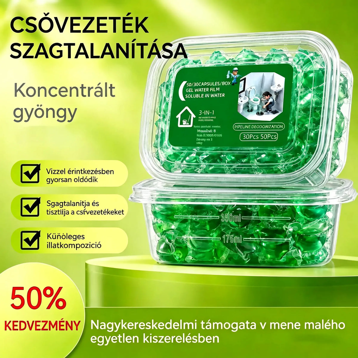 2 csomag (100 tabletta) 👍Vízben oldódó kapszulák a lefolyók szagainak megszüntetésére - tökéletes megoldás a szagok terjedésének megakadályozására a fürdőszobákban és a konyhákban.