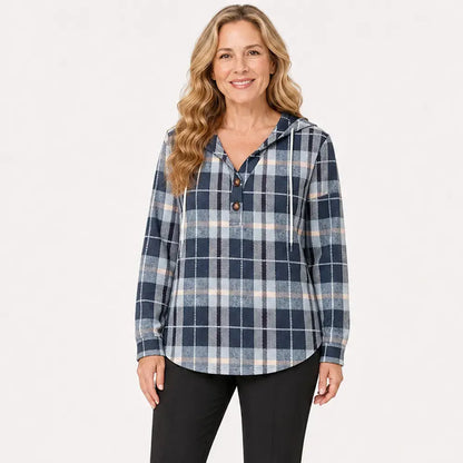 🧥Női kockás, V-nyakú kapucnis pulóver - gombos, hosszú ujjú - Laza kockás pulóver őszre és télre