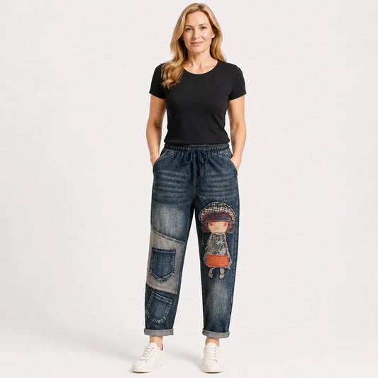 Női retró laza farmer applikációs hímzéssel és rugalmas derékkal – egyedi stílusú hárem farmer (S-5XL méretek, 2 szín) 👖✨🍂
