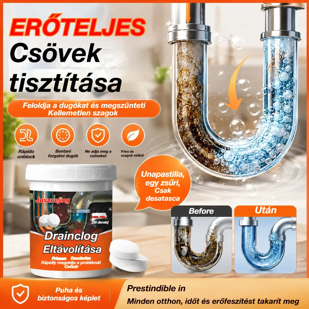 🔥50% KEDVEZMÉNY 【2 darab 9100 Ft】❤️ Hatékony pezsgőtisztító tabletták, amelyek gyorsan feloldják a zsíros haj okozta dugulásokat, kitisztítják a lefolyókat; szagtalanítóak és antibakteriálisak is.