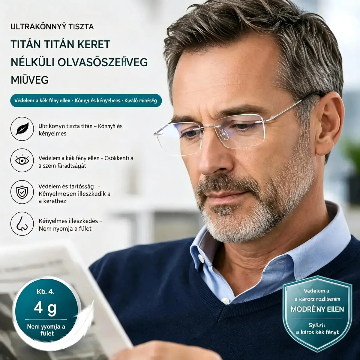 Kiváló minőségű, ultrakönnyű, keret nélküli, professzionális szemüveg nagy felbontással és kékfény elleni védelemmel - unisex