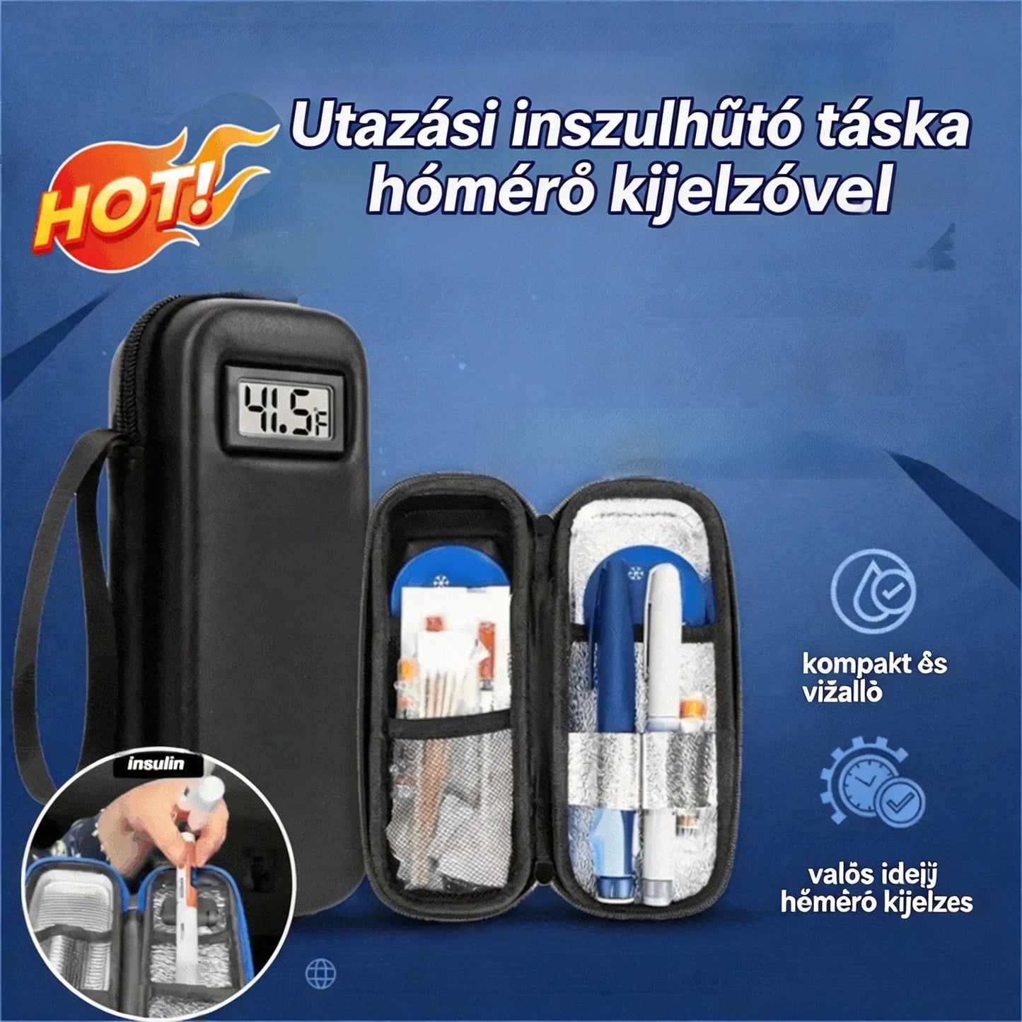 ❄️🧳 Inzulin utazó hűtőtáska hőmérsékletkijelzővel 📊