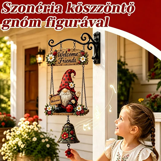 Kerti törpével díszített üdvözlőcsengő, "Üdvözlő" tábla, retró bronzcsengő, vas fali tartó, udvari és terasz dekoráció