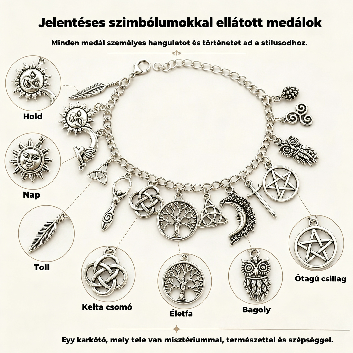 Női vintage charmos karkötő misztikus hangulattal – Mennyei, gótikus és bohém ékszerek 🔮✨