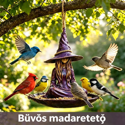 A "Meditáló boszorkány" függő madáretető egy kreatív és varázslatos dekoráció, amely alkalmas kertekbe, teraszokra és udvarokra, és tartós.