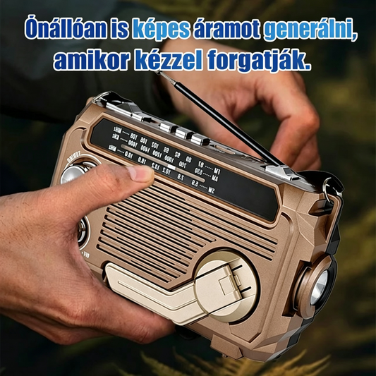 🔥【Korlátozott ideig féláron】Multifunkciós rádió, Bluetooth hangszóróként és külső akkumulátorként is használható, kézzel tekerhető áramtermeléshez, memóriakártyákat támogat, több frekvenciasáv