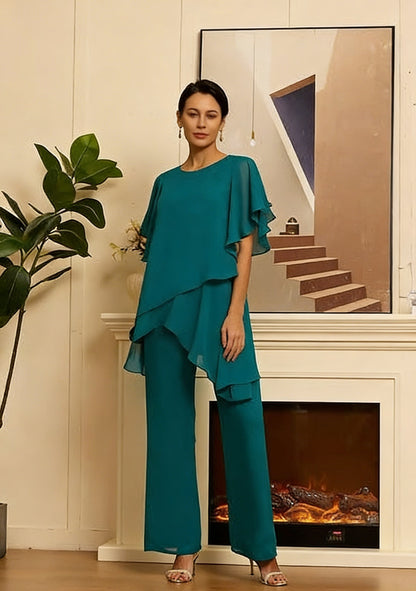 🎁Új, 50% kedvezmény💥【Blúz + Nadrág】【40-100KG】Új elegáns, egyszerű sifon kosztüm, széles szabásvonallal