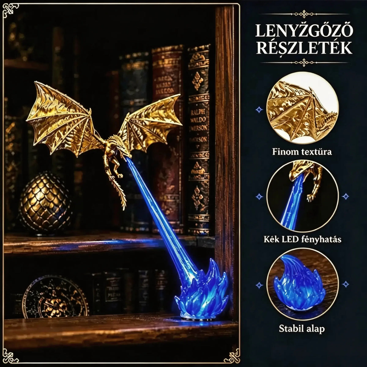 🐉🔥 3D tűzokádó sárkány LED fény | Fantázia világító könyvespolc dekoráció