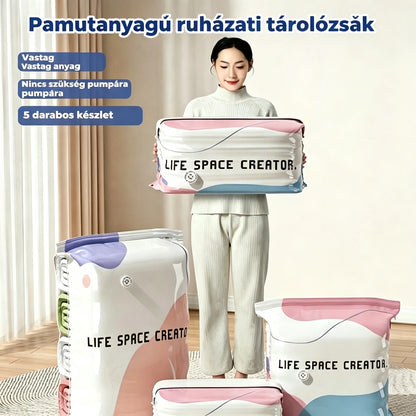 👕📦 [5 darabos szett! 9300 forint] Vákuumos ruhákhoz való tárolózsákok — Pumpa nélkül | Vastagított kialakítás dupla rétegű tömítésekkel a kipukkadás és a légszivárgás hatékony megakadályozása érdekében.
