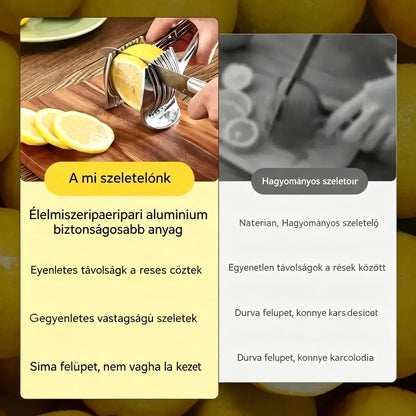 🍅 Rozsdamentes acél kézi konyhai szeletelő | Útmutató paradicsom, citrom, hagyma és egyebek egyenletes szeleteléséhez