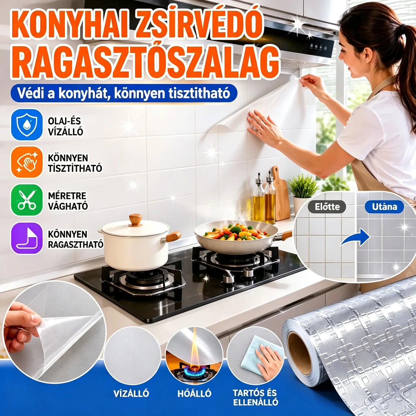 【40cm x 10m】🛡️ Levehető, öntapadós alufólia konyhába; olajálló, hőálló és könnyen tisztítható.