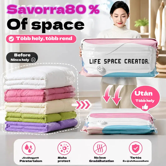 🧳【5 darabos készlet】💨 Nagy, összenyomható vákuumos tárolózsák: nincs szükség pumpára, szivárgásmentes, és ideális helytakarékosságra bőröndökben és otthon ✈️