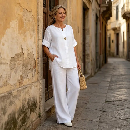 🔥【Időkeretes akció】👚【S-3XL méret： felső + bő szárú nadrág】Elegáns pamut-len szett, minden alkalomra – ✅ Utánvét lehetséges-U