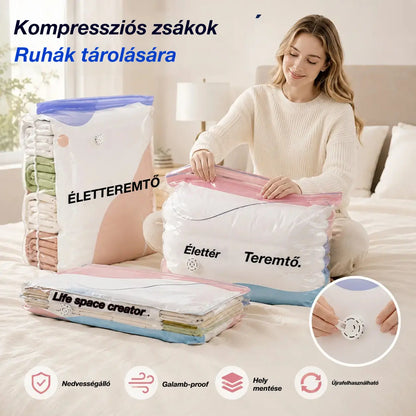 👕📦 [5 darabos szett! 9300 forint] Vákuumos ruhákhoz való tárolózsákok — Pumpa nélkül | Vastagított kialakítás dupla rétegű tömítésekkel a kipukkadás és a légszivárgás hatékony megakadályozása érdekében.