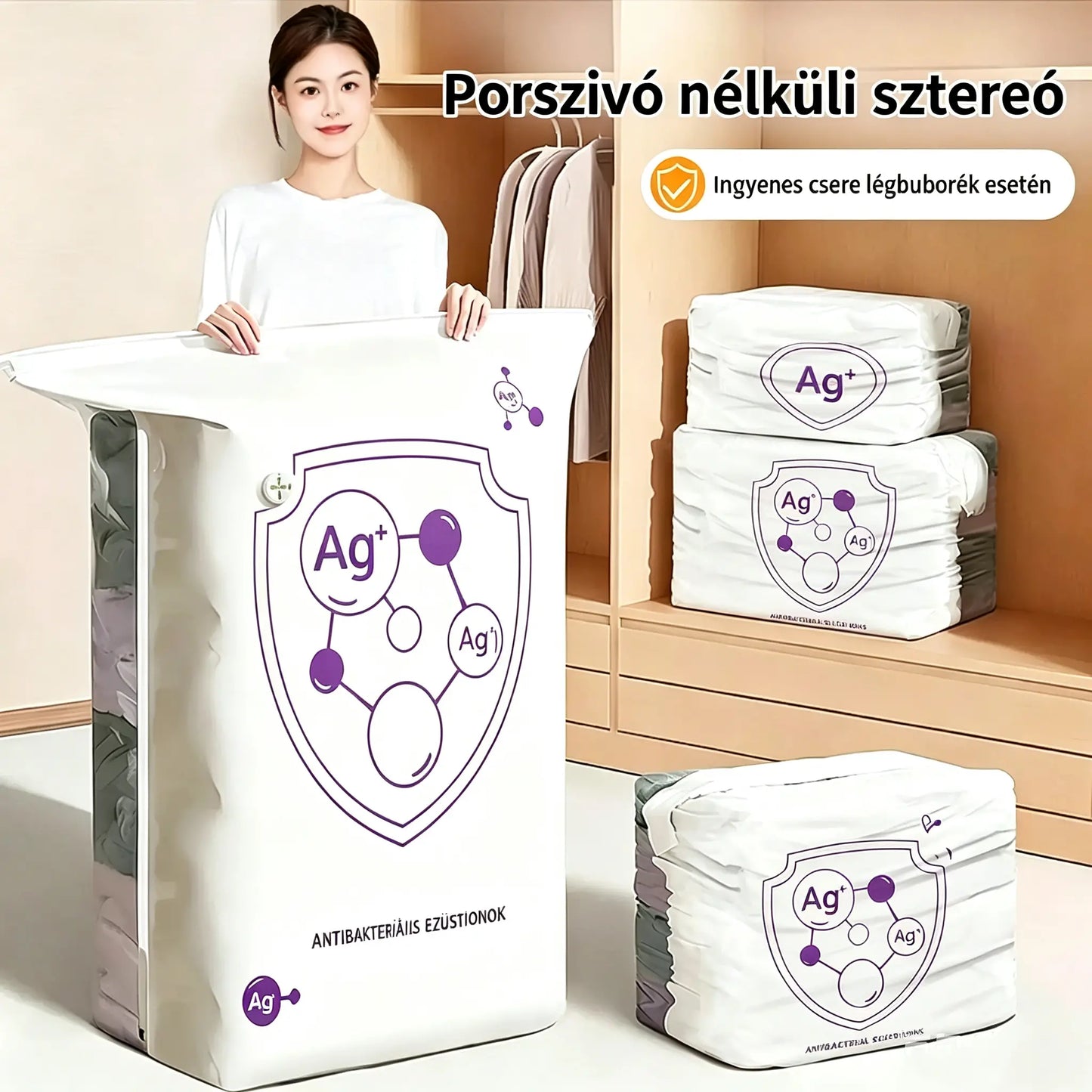 ✨ (5 darab) 💨 Nagy, összenyomható vákuumos tárolózacskó: nem igényel pumpát, szivárgásmentes, és ideális helytakarékosságra bőröndökben és otthon ✈️