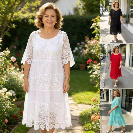 🔥【50% KEDVEZMÉNY】✨✨✨【S-5XL】2026Új ruha rövid ujjúval, kerek nyakkivágással és csipkével.