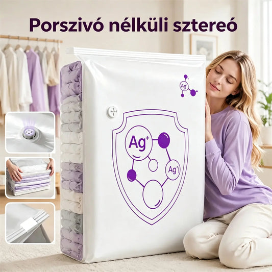 ✨ (5 darab) 💨 Nagy, összenyomható vákuumos tárolózacskó: nem igényel pumpát, szivárgásmentes, és ideális helytakarékosságra bőröndökben és otthon ✈️
