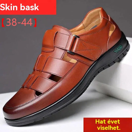 【38-44】👞2026 Nyári Férfi Valódi Bőr Lélegző, Üreges, Csúszásmentes Alkalmi Szandál
