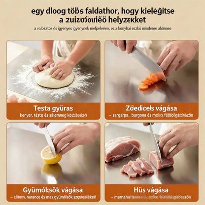 🔪 Rozsdamentes acél vágódeszka hajtott széllel – Extra vastag és multifunkcionális, ideális professzionális konyhákba és otthoni használatra 🍽️