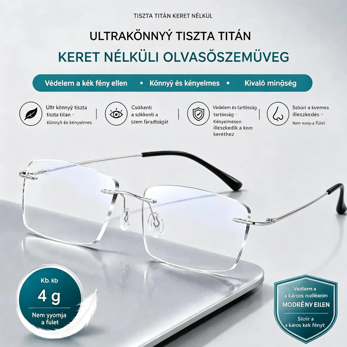 Kiváló minőségű, ultrakönnyű, keret nélküli, professzionális szemüveg nagy felbontással és kékfény elleni védelemmel - unisex