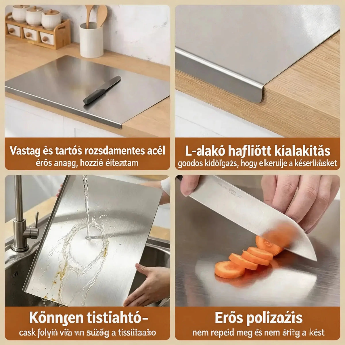🔪 Rozsdamentes acél vágódeszka hajtott széllel – Extra vastag és multifunkcionális, ideális professzionális konyhákba és otthoni használatra 🍽️