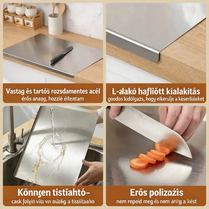🔪 Rozsdamentes acél vágódeszka hajtott széllel – Extra vastag és multifunkcionális, ideális professzionális konyhákba és otthoni használatra 🍽️