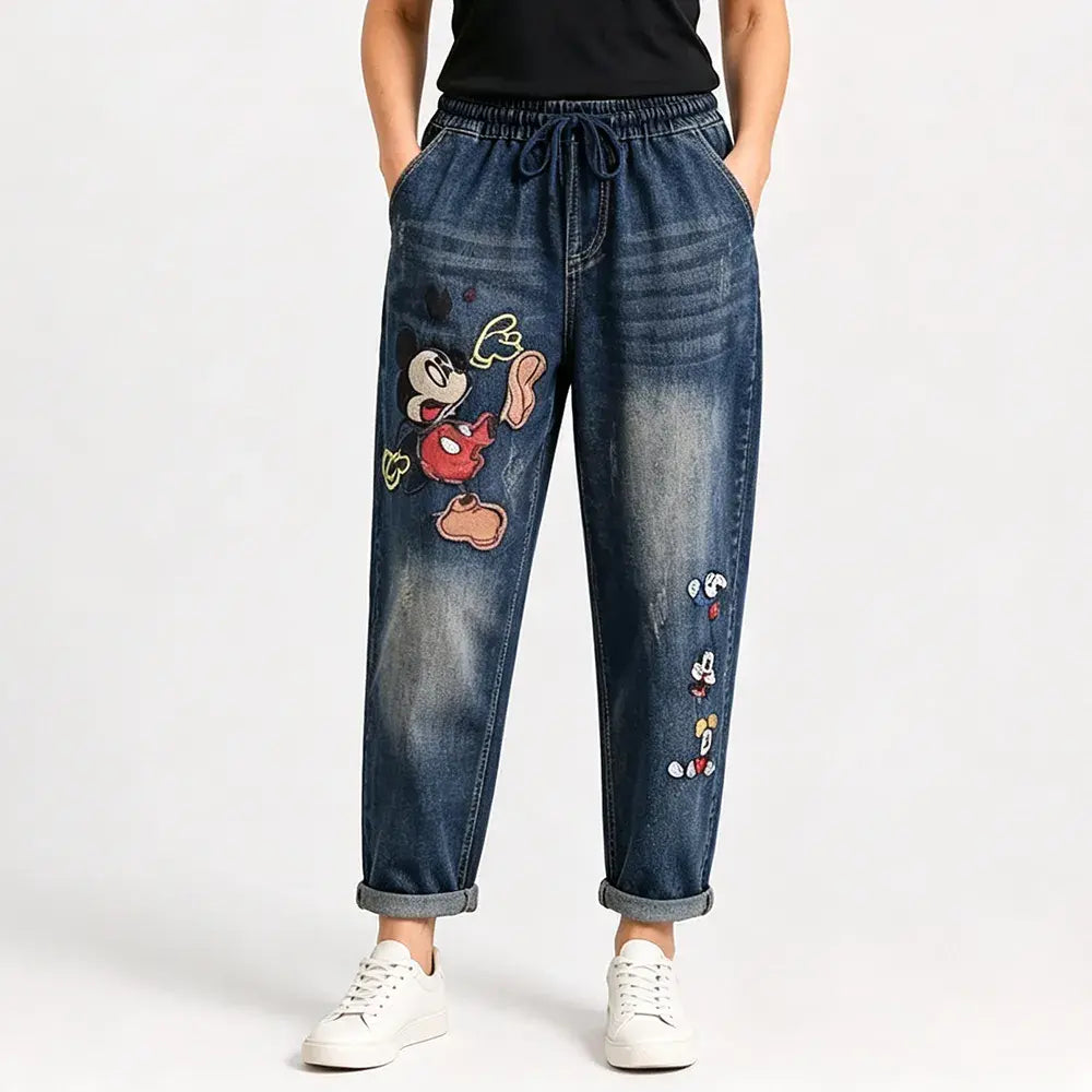 Női retró laza farmer applikációs hímzéssel és rugalmas derékkal – egyedi stílusú hárem farmer (S-5XL méretek, 2 szín) 👖✨🍂