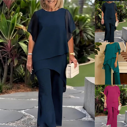 🎁Új, 50% kedvezmény💥【Blúz + Nadrág】【40-100KG】Új elegáns, egyszerű sifon kosztüm, széles szabásvonallal