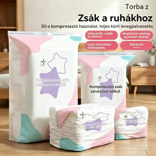 🧳【5 darabos készlet】💨 Nagy kompressziós vákuumzsák: nincs szükség pumpára, légmentesen záródik, és tökéletes a helytakarékossághoz a bőröndökben és otthon ✈️